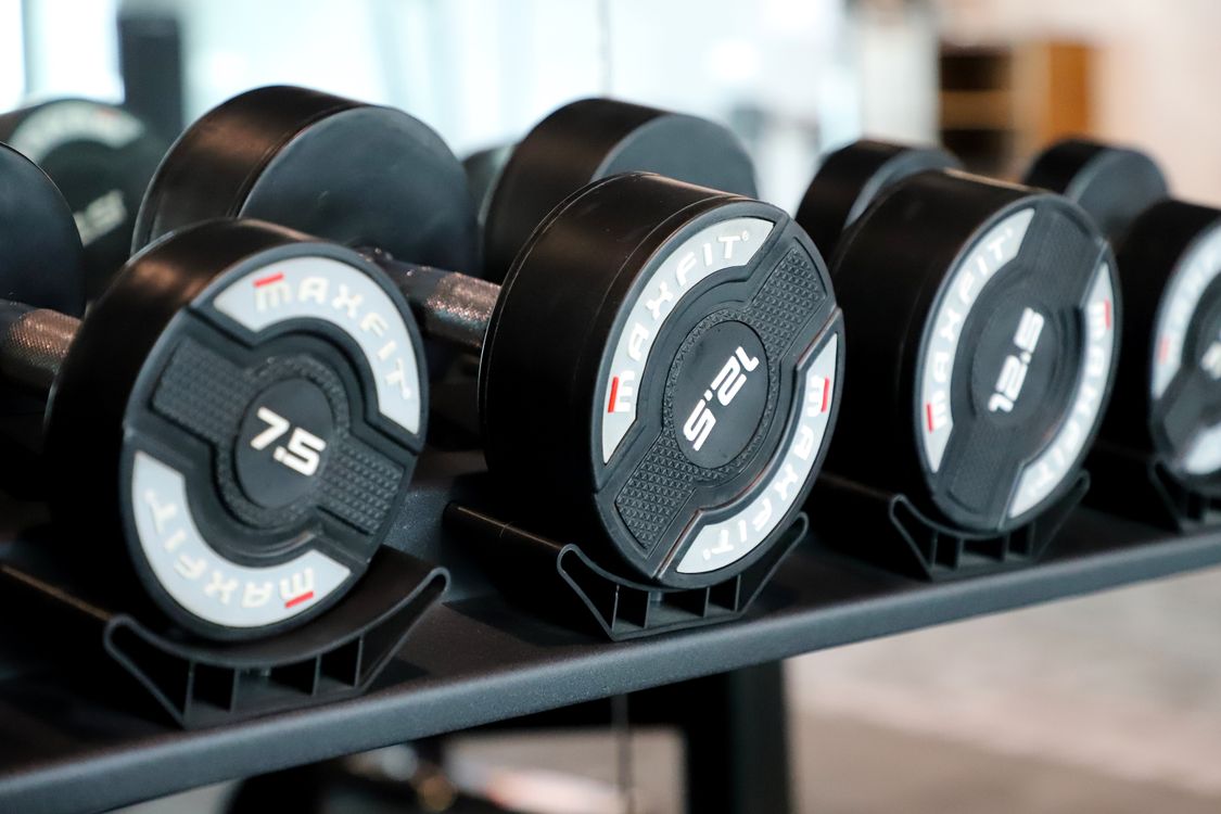 Ảnh minh họa dãy tạ tay được sắp xếp trong phòng Gym